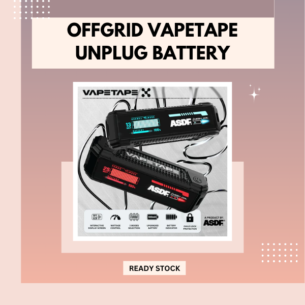 ASDF Vapetape Unplug and ASDF Offgrid detachable battery core unit in retro cyberpunk design with high-contrast smart LED screen showing real-time power percentage.